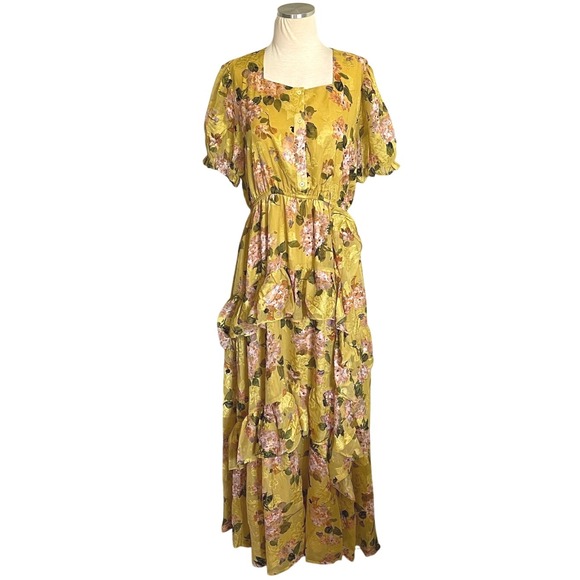 JessaKae Dresses & Skirts - Jessakae Size XL Floral Maxi Dress Women's Sweetheart Neck Yellow Short Sleeve‎